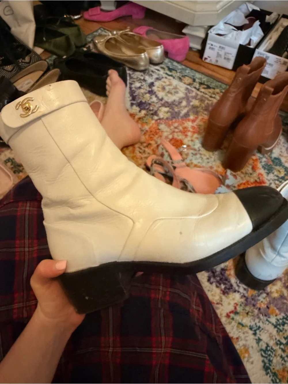 CHANEL White Leather Ankle Boots with Black Cap Toes